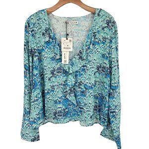 Zara womens top blue Python animal print blouse long bell sleeves size large new